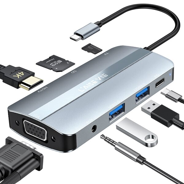 Laise Vie  USB C Adapter USB C to VGA Hub 8 in 1
