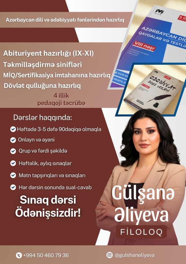 4 illik təcrübəsi olan peşəkar pedaqoq tərəfindən Azərbaycan dili və Ədəbiyyat dərsləri keçirilir.